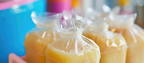 Freezing breast milk for baby in storage bags, avoiding exposure to sunlight. - obrazy, fototapety, plakaty