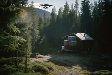 A drone delivers package to secluded cabin. Generative AI