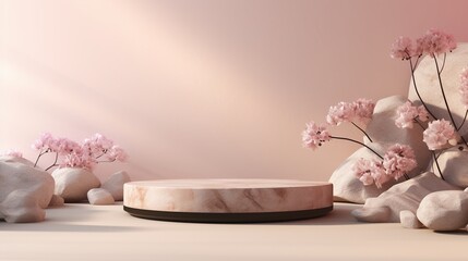 3D render of marble podium with pink cherry blossom flowers on pastel background. - obrazy, fototapety, plakaty