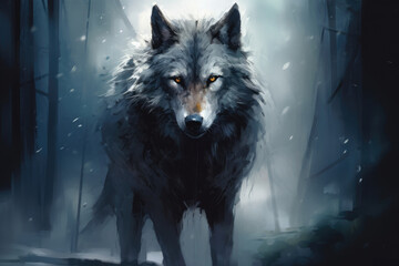 Gray colored wolf in dark moody forest