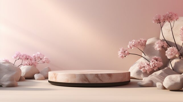 3D render of marble podium with pink cherry blossom flowers on pastel background.