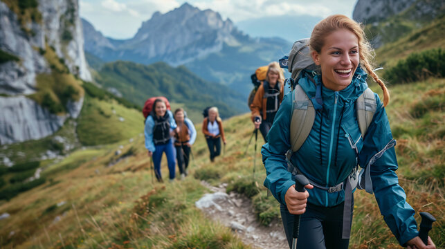 A group of people walking hiking in the mountains.