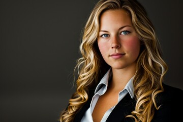 Fototapeta premium Professional portrait of a young confident businesswoman with blonde curly hair in a smart blazer and white shirt.