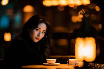 A serene young woman sits contemplatively in a warmly lit cafe, with a soft glow illuminating her delicate features.