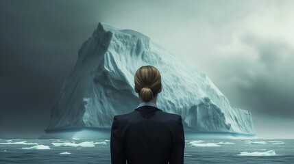A focused businessman in a suit stands and looking at massive iceberg ahead, symbolizing the unseen challenges and potential risks in his business journey. - obrazy, fototapety, plakaty