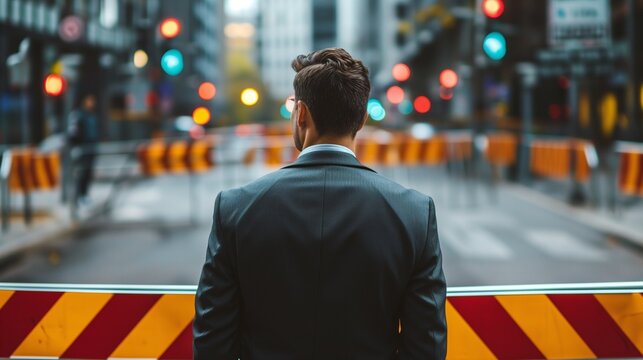 A Determined Businessman In A Suit Stands Halted Before A Symbolic Barrier, Representing Obstacles Such As Sanctions, Economic Challenges, Or A Potential Business Deadlock.