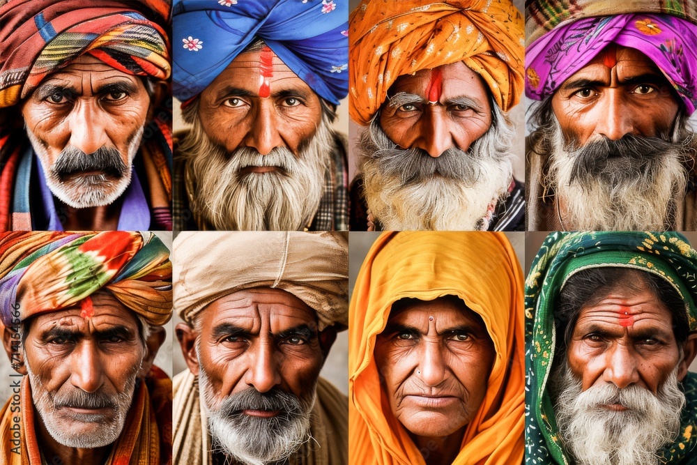 Wall mural a collage of expressive portraits showcasing the diverse and colorful traditional turbans worn by el