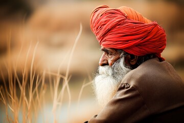 Side view portrait of a contemplative elderly Indian man with a vibrant orange turban and a dignified beard, conveying wisdom and tradition. - obrazy, fototapety, plakaty