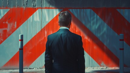 A determined businessman in a suit stands halted before a symbolic barrier, representing obstacles such as sanctions, economic challenges, or a potential business deadlock. - obrazy, fototapety, plakaty