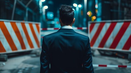 A determined businessman in a suit stands halted before a symbolic barrier, representing obstacles such as sanctions, economic challenges, or a potential business deadlock. - obrazy, fototapety, plakaty