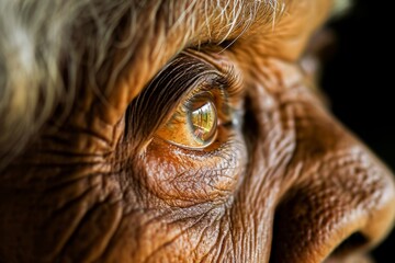 Obraz premium Close-up of a senior person's eye with intense gaze and detailed wrinkles, showing age and wisdom.