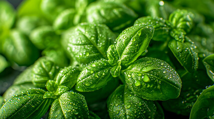 Juicy and fresh basil in close-up. The benefits of plant foods for human health - obrazy, fototapety, plakaty