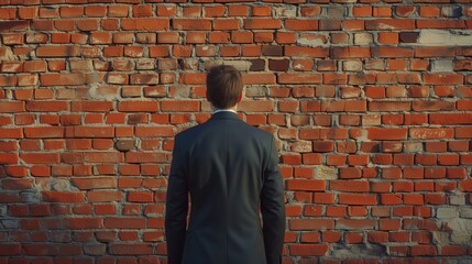 A determined businessman in a suit stands halted before a symbolic brick wall, representing obstacles such as sanctions, economic challenges, or a potential business deadlock. - obrazy, fototapety, plakaty
