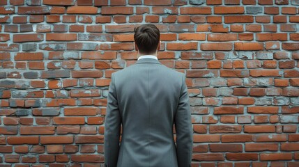 A determined businessman in a suit stands halted before a symbolic brick wall, representing obstacles such as sanctions, economic challenges, or a potential business deadlock.