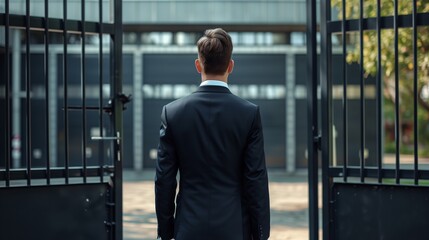 A confident businessman in a sharp suit pauses at the entrance of grand, open gates leading to a path of opportunities, symbolizing new ventures and strategic decisions in the corporate world.