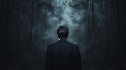 A determined businessman in a suit pauses at the edge of a dense, ominous forest, symbolizing the daunting challenges and uncertainties he faces in his professional journey. - obrazy, fototapety, plakaty