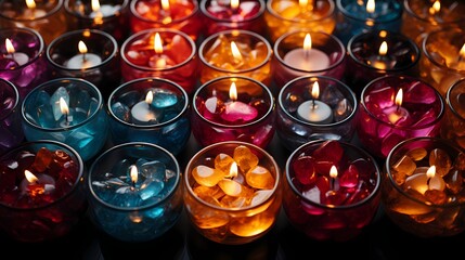 A top view of a set of candles in jewel tones, including amethyst purple, topaz yellow, and garnet red, adding richness and depth to the space.