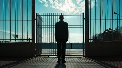 Fototapeta na wymiar A determined businessman in a suit stands halted before a symbolic fence, representing obstacles such as sanctions, economic challenges, or a potential business deadlock.