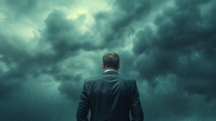 A determined businessman in a suit stands at a crossroads, gazing into a brewing storm, symbolizing potential business risks, challenges, and uncertain future problems ahead.