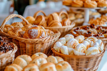 A lot of sweet pastries in baskets on the buffet table. Business breakfasts and catering at events. Close-up.