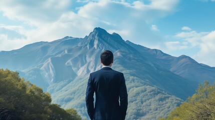 businessman in a suit stands at the base of a towering mountain, symbolizing the significant challenges and obstacles he faces in his career. - obrazy, fototapety, plakaty