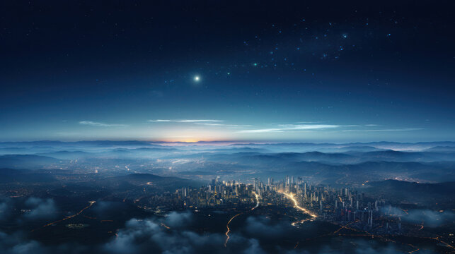 Celestial beauty captured in a panoramic Earth view from space,  with city lights and subtle light clouds in different seasons
