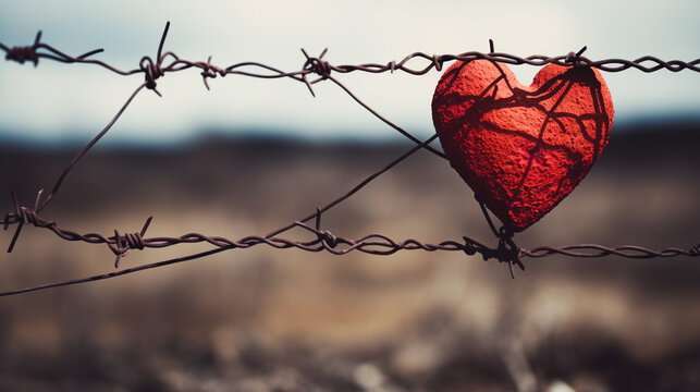 A large red heart wrapped in barbed wire with sharp spikes, symbolizing challenging human experiences, a broken heart, fears, and oppression.