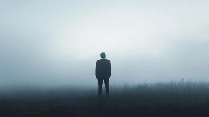 Foto op Plexiglas A pensive businessman in a suit stands at the edge of a road that disappears into dense fog, symbolizing uncertainty and the unpredictable nature of the business future. © TensorSpark