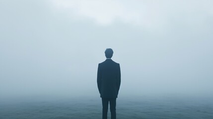 A pensive businessman in a suit stands at the edge of a road that disappears into dense fog, symbolizing uncertainty and the unpredictable nature of the business future.