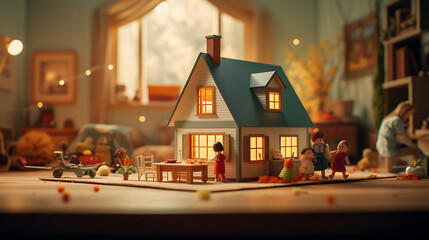 A compact replica of a house and a family portrayed against a blurry background,AI generated  - obrazy, fototapety, plakaty
