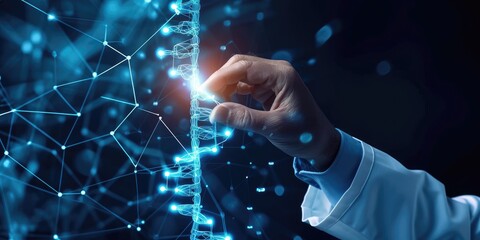 Doctor touching icon DNA. Digital healthcare and medical diagnosis of patient with network connection on modern interface. Healthcare and medical concept - obrazy, fototapety, plakaty