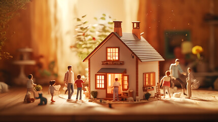 A compact replica of a house and a family portrayed against a blurry background, AI generated  - obrazy, fototapety, plakaty