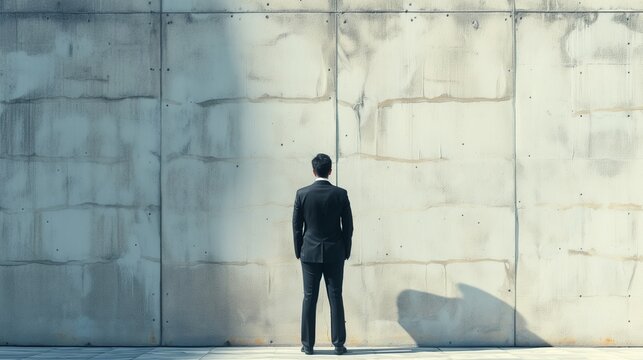 A determined businessman in a suit stands perplexed before a towering wall, symbolizing a sudden, insurmountable obstacle and a dead-end in his career path, with no clear way forward.