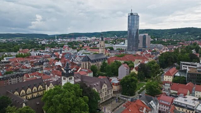 Aerial drone view of the historic old town of Jena in Thuringia, Germany