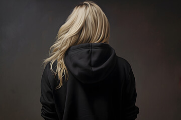 young girl back view in black hoodie, 