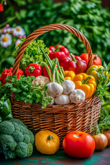 A beautiful wicker basket with fresh and healthy vegetables. Tomatoes, cucumbers, cabbage, zucchini, sweet peppers, garlic, lettuce leaves, onions, radishes. The concept of proper nutrition