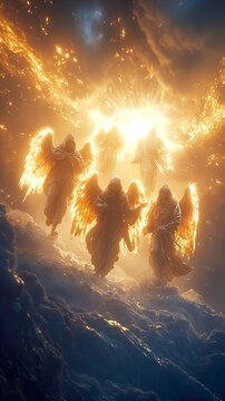 Digital art of fallen angels on top of Mount Hermon. Angels descending to Earth on Mount Hermon in mutual conjuration. Concept of gods of the past.