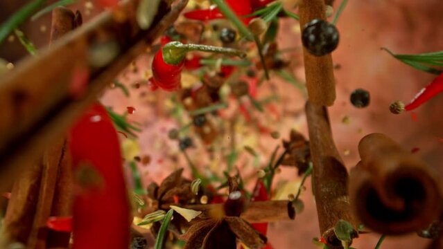 Super Slow Motion Shot of Flying and Rotating Various Spices. Filmed on High Speed Cinema Camera, 1000fps.