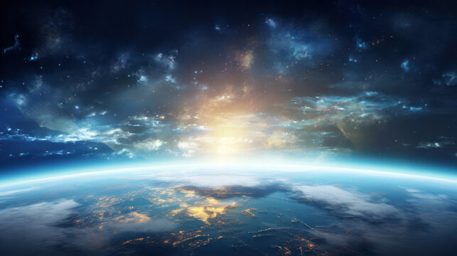 Earth globe panorama in space,  vibrant city lights and delicate seasonal clouds paint a breathtaking celestial picture
