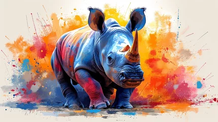 Zelfklevend Fotobehang detailed illustration of a print of colorful rhino © Adja Atmaja
