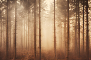 Mysterious forest landscape with trees in fog, creating a fantasy atmosphere in the autumn season with a sepia-toned, earthy look.