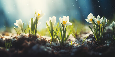 Closeup of early white crocus flowers emerging from the thawing ground. Fresh floral scene in spring nature. - obrazy, fototapety, plakaty