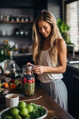 woman making smoothie using blender. ai generated