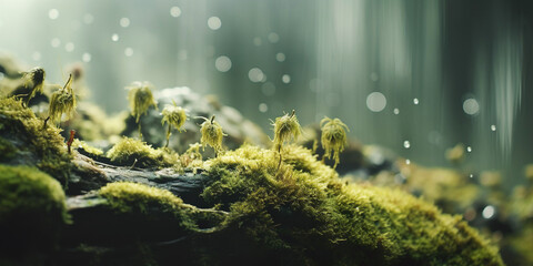 Water droplets on mosses in a summer forest, a detailed shot of mosses and lichens rehydrating after winter. - obrazy, fototapety, plakaty
