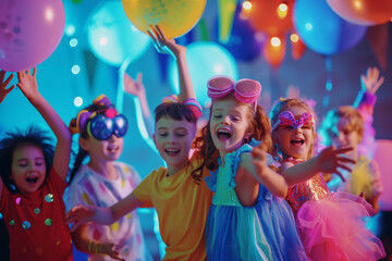 Group of children dancing at costume party