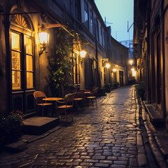 A quiet alleyway with cobblestone streets and vintage lamps.