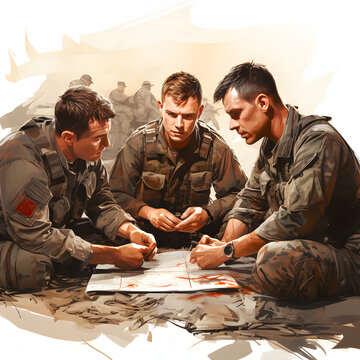 Group of soldiers in a briefing or debriefing session isolated on white background, cartoon style, png
