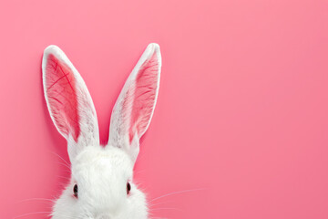 White rabbit head with sticking ears on a pink background with copy space.