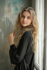Fototapeta premium Realistic portrait of a charming beautiful young girl with long blonde hair wearing a black dress, standing by a window and looking into the camera.