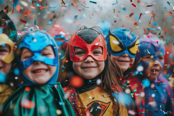 Cheerful children in superhero costumes at carnival - obrazy, fototapety, plakaty